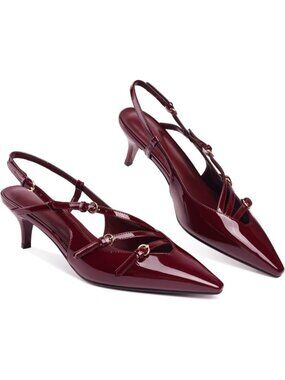 Women Burgundy Slingback Kitten Pointed Toe Pump Low Stiletto Heel Shoes
